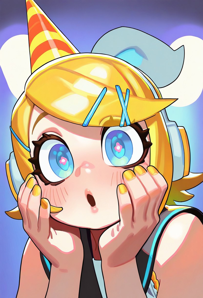 ZolicPSTL_ST, masterpiece, best quality, very aesthetic, high resolution, ultra-detailed, absurdres, newest, extremely detailed eyes, 
1girl, blonde hair, kagamine rin, blue eyes, short hair, open mouth, swept bangs, yellow nails, party hat, hair bow, hair ornament, hands on own face, nail polish, headphones, heart-shaped pupils, blush, looking at viewer, white bow, treble clef, hairclip, happy birthday, symbol-shaped pupils, headset, black sailor collar, sleeveless shirt, symbol in eye, portrait
, beautiful, perfect lighting, hi res, amazing quality, very awa, Brightly Lit, Highly Visible, 8k, sharp focus, beautiful, perfect lighting, volumetric lighting, scenery, painting_(artwork)