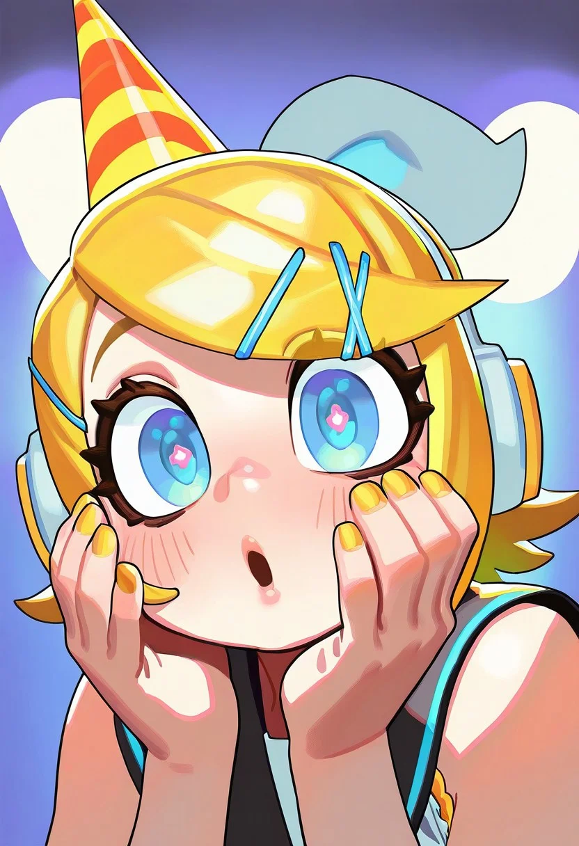 ZolicPSTL_ST, masterpiece, best quality, very aesthetic, high resolution, ultra-detailed, absurdres, newest, extremely detailed eyes,
1girl, blonde hair, kagamine rin, blue eyes, short hair, open mouth, swept bangs, yellow nails, party hat, hair bow, hair ornament, hands on own face, nail polish, headphones, heart-shaped pupils, blush, looking at viewer, white bow, treble clef, hairclip, happy birthday, symbol-shaped pupils, headset, black sailor collar, sleeveless shirt, symbol in eye, portrait
, beautiful, perfect lighting, hi res, amazing quality, very awa, Brightly Lit, Highly Visible, 8k, sharp focus, beautiful, perfect lighting, volumetric lighting, scenery, painting_(artwork)
