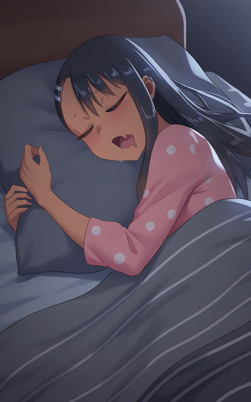 masterpiece, best quality, absurdres, highres, very awa, backlighting,
<lora:Zheng v3 - NoobAI 1.0 V-Pred (Huber):1>
zheng, 1girl, solo, nagatoro hayase, black hair, long hair, hairclip, sleeping, closed eyes, open mouth, skin fang, saliva, pink pajamas, hands up, on side, indoors, pillow hug, on bed, bed, grey blanket, striped blanket, under covers, pillow, night, dark, dark background, darkness