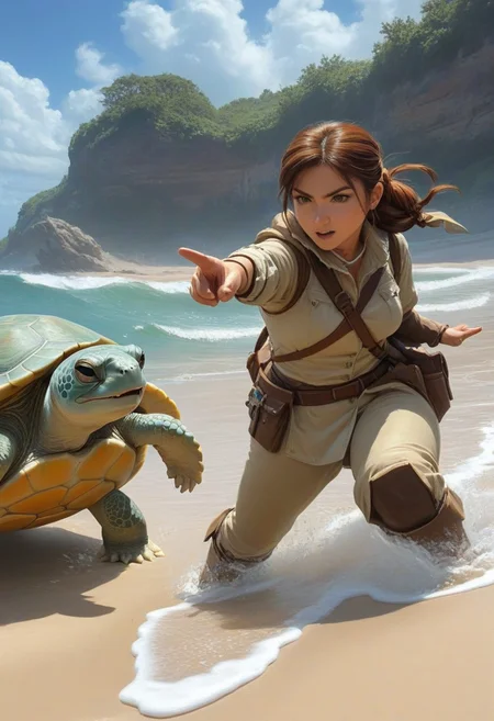 Ranger and Squirtle, 1woman, pointing, charging, beach, water turtle pokemon