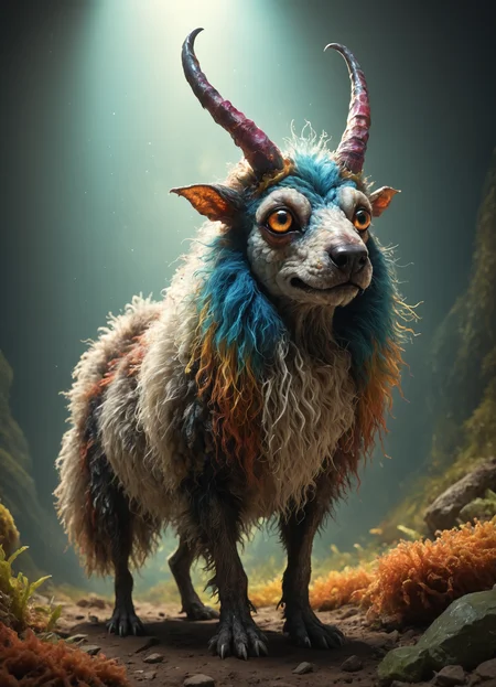 <lora:TheWeirdies_epoch_10:0.78>  no humans, animal focus, Gigantic Vibrant Subterranean Bohemian Canine,  Hoofed,  Bushy-Tailed, Wooly Fur,   Short Horns  Lustrous <lora:add-detail-xl:1>