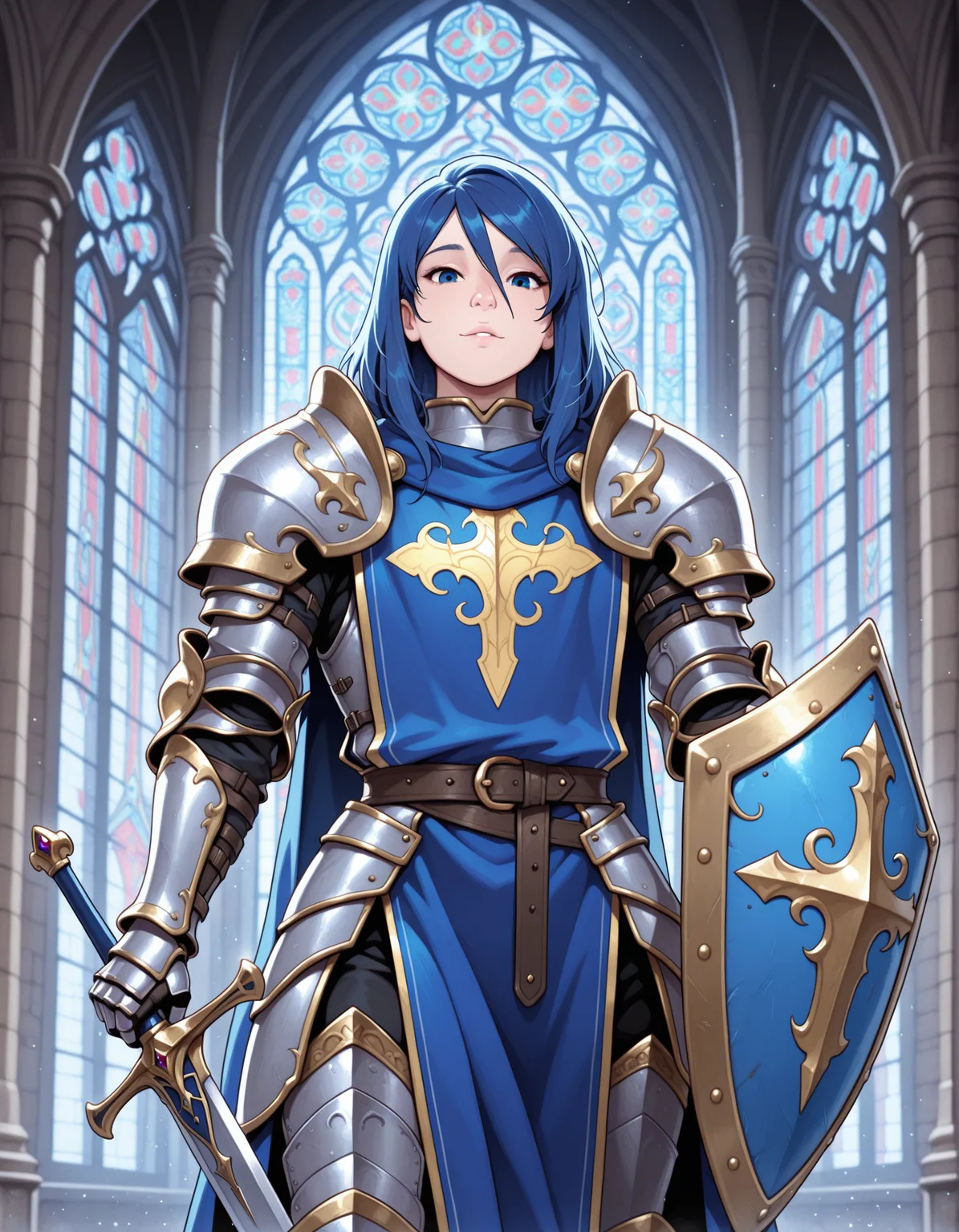 masterpiece, best quality, amazing quality, 1boy, blue hair, armor, sword, shield, blue tabard, cathedral, stained glass window, cowboy shot, looking at viewer, <lora:DaveCheungVanillaCookiesTehDave_Style_for_Illustrious:0.9>, vcookiez