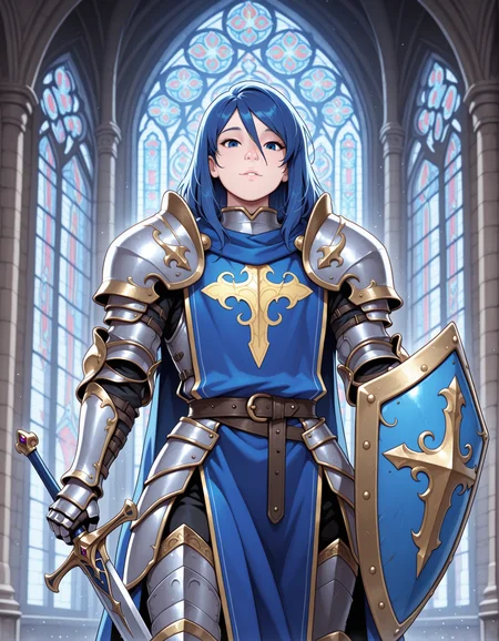 masterpiece, best quality, amazing quality, 1boy, blue hair, armor, sword, shield, blue tabard, cathedral, stained glass window, cowboy shot, looking at viewer, <lora:DaveCheungVanillaCookiesTehDave_Style_for_Illustrious:0.9>, vcookiez
