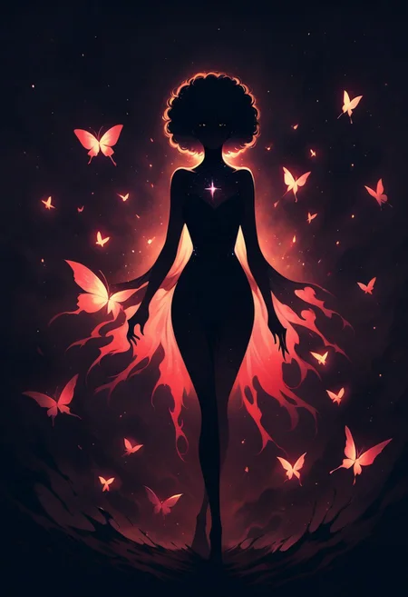 (graphic novel style, dark novel style, comic style, 2d:1.5), (hyperrealism, masterpiece:1.4), (colourful, soft cinematic light:1.1), incredibly lifelike, Extremely high-resolution details, 8k, best quality,extremely detailed, colorful,
African woman, afro hair, full body, <lora:flame silhouette:1>, <lora:flame:1>, <lora:copax magician:1>, mutli colored butterflies flying around, blooming flowers, hidden face, illuminated silhouette,