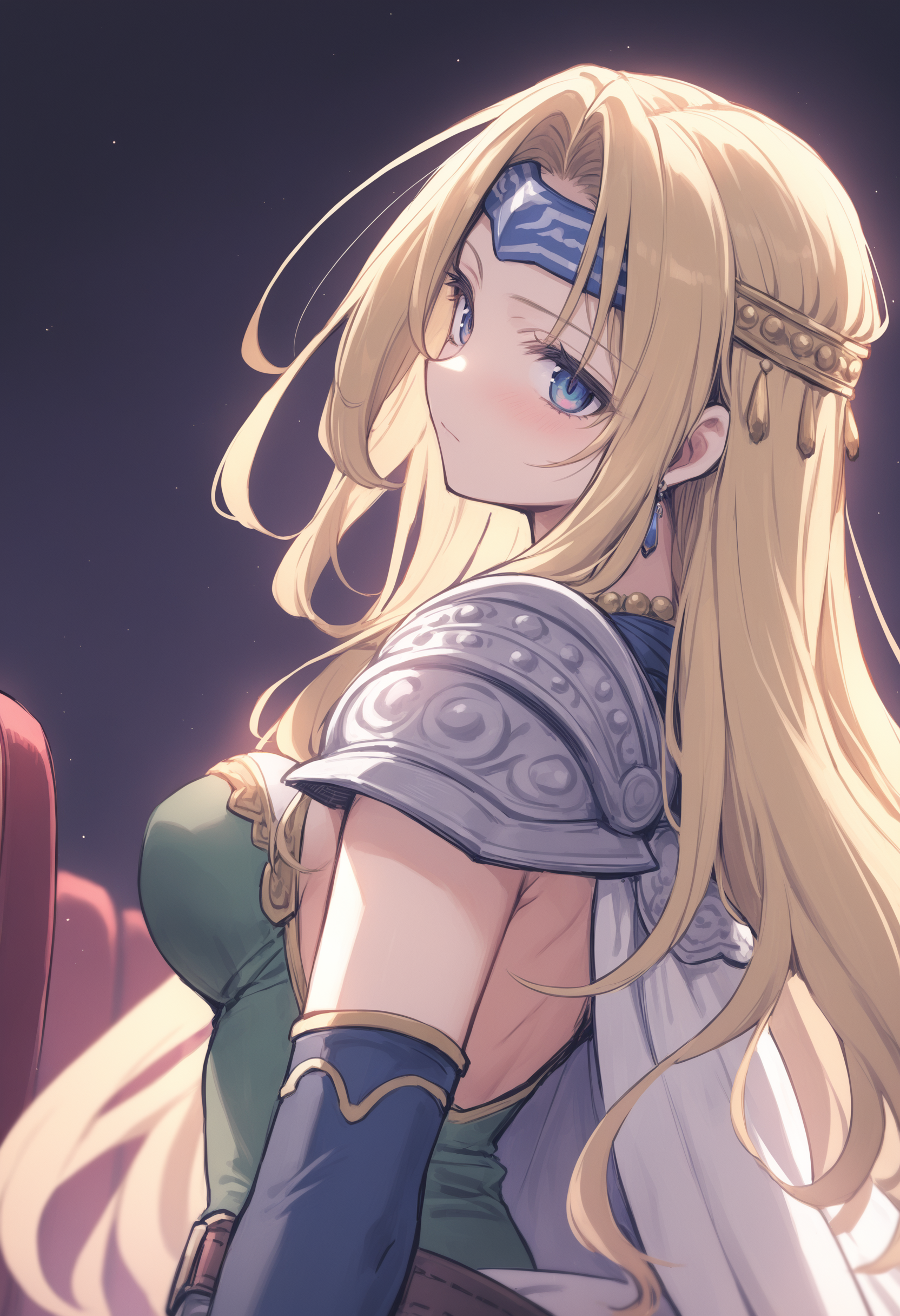 1girl, celes chere, final fantasy vi,solo,<lora:sdxl2-flat2-512b:-1>
<lora:celeslegends_XL_v1:0.6>,blonde hair, blue eyes, green leotard, headband, shoulder armor, large breasts, pauldrons, circlet, bridal gauntlets, belt, white cape, vambraces,bracer, shoulder pads, very long hair, bangs,
dutch angle, portrait, looking back, badmood, movie theatre, closed mouth,
masterpiece, best quality,
