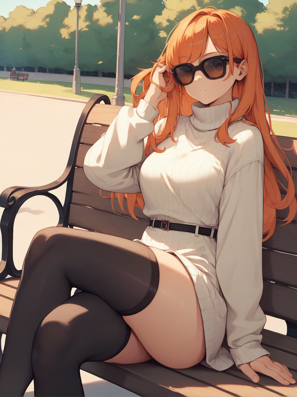 score_9, score_8_up, score_7_up, score_6_up, source_anime, <lora:rayban_sunglasses_v0.2-pony:1>
1girl, long hair, orange hair,
wayfarer sunglasses, 
turtleneck sweater, black thighhighs, looking at viewer, hand in own hair, thighs, park bench,