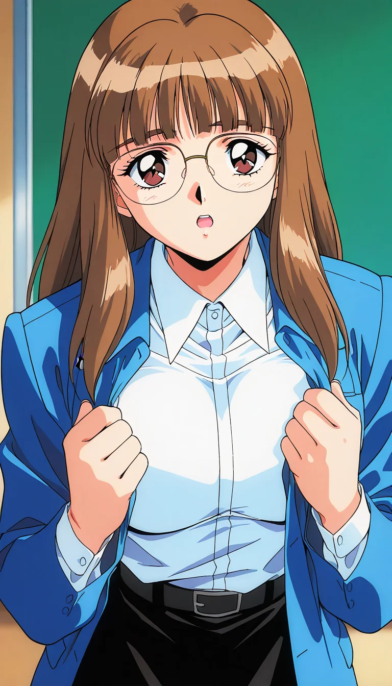 masterpiece, best quality, good quality, <lora:Iijima_Sensei_IS:1> Iijima_Sensei, 1girl,solo, brown hair, glasses, long hair, brown eyes,blunt bangs, large breasts, 1990s \(style\),anime coloring, 
looking at viewer,  upper body, open mouth, white shirt, long sleeves, collared shirt, blue jacket, black belt, black skirt,
class room,
