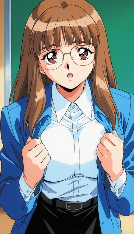 masterpiece, best quality, good quality, <lora:Iijima_Sensei_IS:1> Iijima_Sensei, 1girl,solo, brown hair, glasses, long hair, brown eyes,blunt bangs, large breasts, 1990s \(style\),anime coloring, 
looking at viewer,  upper body, open mouth, white shirt, long sleeves, collared shirt, blue jacket, black belt, black skirt,
class room,