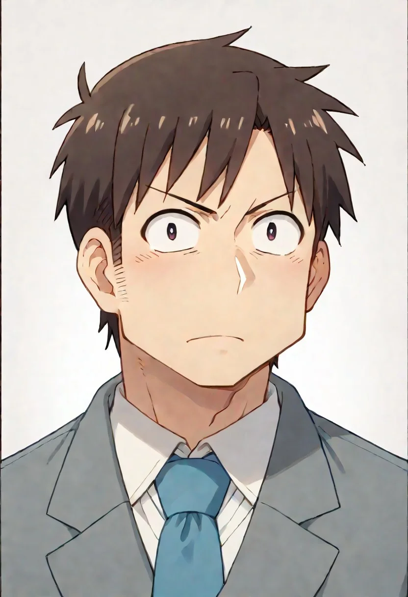 score_9, score_8_up, score_7_up, score_6_up, source_anime (Nichijou\), 2D, anime, official style, anime coloring, (male focus), solo male, Manabu Takasaki, dark brown hair, short hair, white shirt, blue necktie, grey jacket, feet out of frame, handsome, charming, alluring, (portrait, headshot, cowboy shot, close-up:1.3), black border, school office background, bright background, simple eyes pupils, blacck eyes pupils
