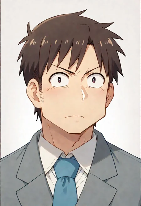 score_9, score_8_up, score_7_up, score_6_up, source_anime (Nichijou\), 2D, anime, official style, anime coloring, (male focus), solo male, Manabu Takasaki, dark brown hair, short hair, white shirt, blue necktie, grey jacket, feet out of frame, handsome, charming, alluring, (portrait, headshot, cowboy shot, close-up:1.3), black border, school office background, bright background, simple eyes pupils, blacck eyes pupils