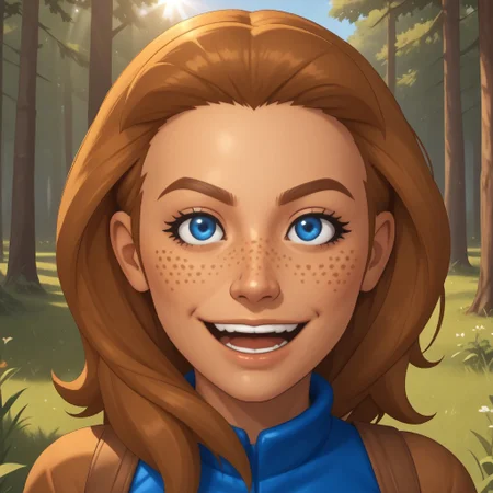score_9, score_8, BREAK, solo, mii, wii, dark blonde hair, blue eyes, freckles, open mouth, teeth, half-tree shaped nose, royal blue clothing, 1girl, black leggings, breasts, abby_(\wii_sports\), wii sports, female mii, 1girl, cute, shoes, Nintendo Mii, modern_mii, classic_mii, sexy pose, smile, outdoors, sunlight, shadows, evening lighting, natural lighting, forest, trees, grass, orange sky, sunset