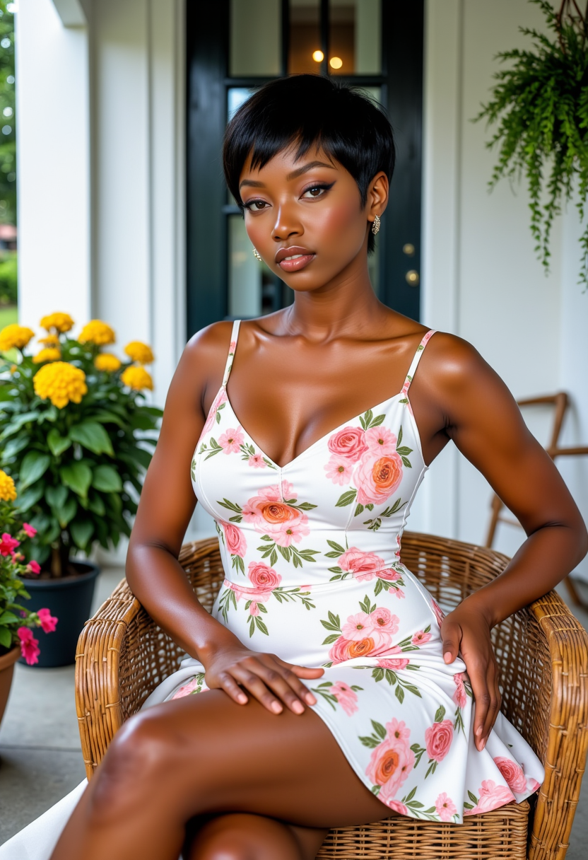 photoshoot poses, dynamic angles, multiple angles, photoshoot poses; A photo of Cinnamon_v2_pixiecut,  she has short hair, a black woman with large breasts, she is sitting in a wicker chair, on the front porch, potted flowers line the porch and a hanging fern plant, is posing for the camera with a smile on her face. she is wearing a white flower printed dress,  simple white background.  Style: realistic hyper-detailed rendering, 32k UHD, expressive eyes, punk, graphic design, girl's face, pretty and cute, gleaming lips, telling a tale of adventure. Exuding confidence and serenity. The overall mood of the image is happy and relaxed,detailed skin texture,(blush:0.2),(goosebumps:0.3),subsurface scattering,with a playful and whimsical tone, Niji style, retro50s_style, 