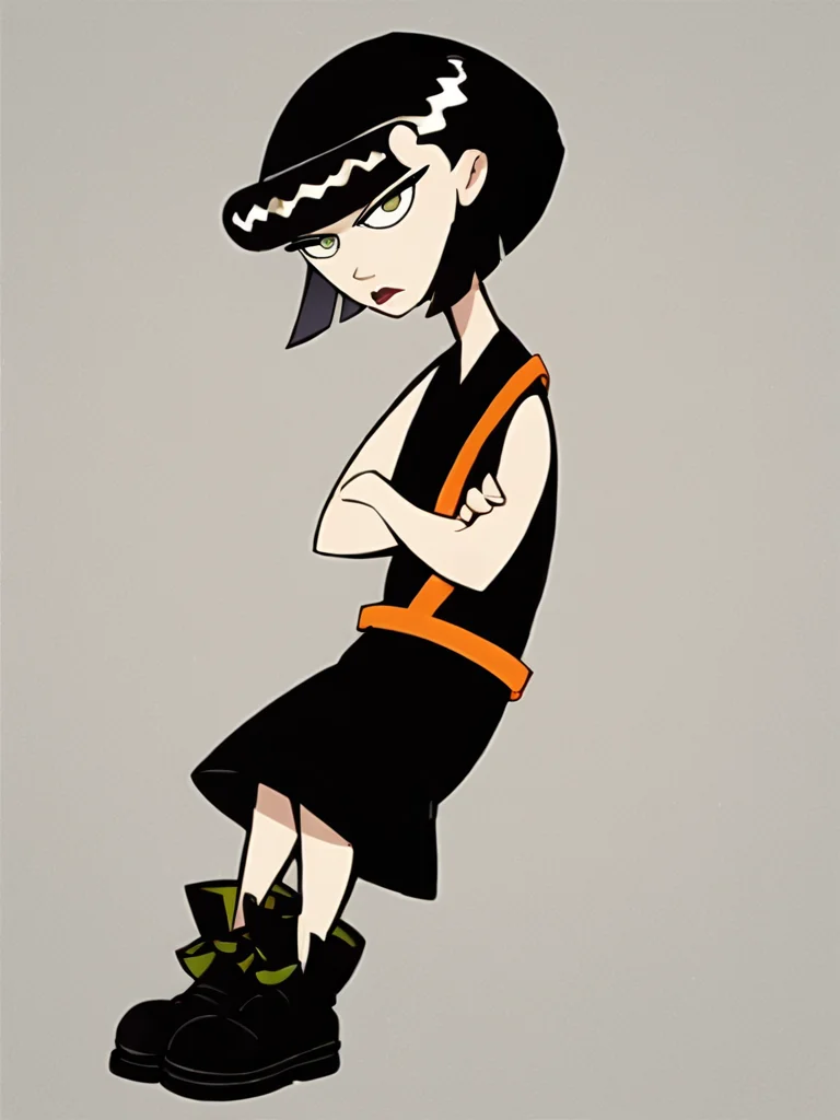 <lora:IngridPony1.0:0.9> ingridthird, 1girl, black hair, solo, short hair, green eyes, orange sash, black dress, sleeveless, makeup, lipstick, bob cut,simple background, crossed arms, black footwear, score_9, score_8_up, score_7_up, score_6_up