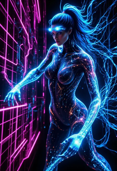 UHD 32k Cyberpunk movie still, cyber UI of Full-body portrait, low-angle cam, HDR, RAW. Photograph. fighting cyberpunk hacker woman with blue hair wearing neon bodysuit in vibrant virtual neon cyberspace matrix videogame background, high action pose, bright neon, correct digits, fantasy, impossible jump, epic scale, Stunning visuals, Texture, mad-cyberspace, zavy-cbrspc, holographic, dynamic, aidmafluxpro1.1