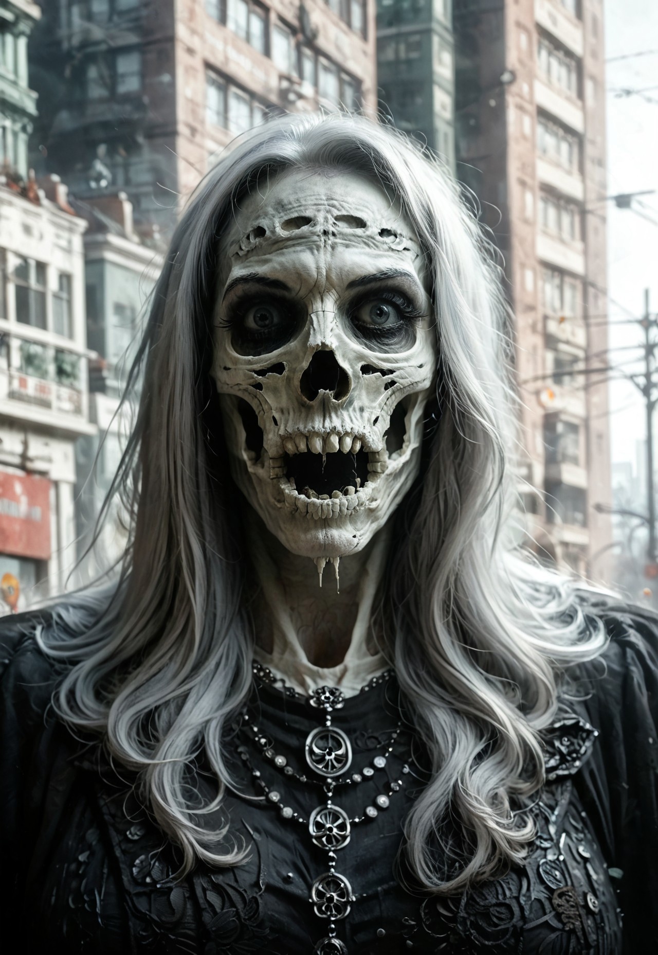 safe_pos, score_9, score_8_up, score_7up, Expressiveh, elegant, solo, masterpiece, cinematic lighting, realistic, highly detailed face, highly detailed anatomy, concept art, breathtaking, dynamic angle, Artistic, fantasy, gothic, portrait, eerie, outdoors, city burial ground, solo, 1female, screaming, wearing a silver metal  skull mask, white hair, sexy outfit, surrounded by creepy fog, surreal detail, Artistic dark color effect, Detailed, Centered, Smokey green motif