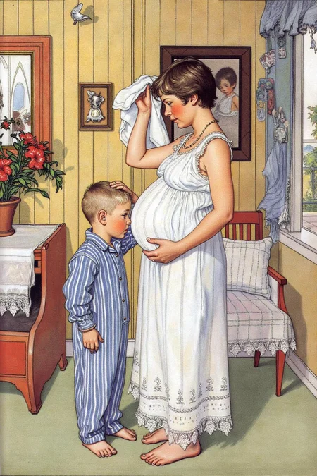 car1ar painting.
A mother and a little boy. 
The mother with short, dark hair, is standing on the right side of the image. She is dressed in a sleeveless, white nightgown with delicate lace trim at the hem. She is holding a white towel or robe in her right hand, which is raised as if she is adjusting her hair or wiping her forehead. Her expression is focused and slightly concerned.
A little boy, dressed in blue and white striped pyjama, is standing beside his mother, with his head leaning against her belly.
 <lora:car1ar1_cap_d6a3:1.0><lora:825499328824020864:0>