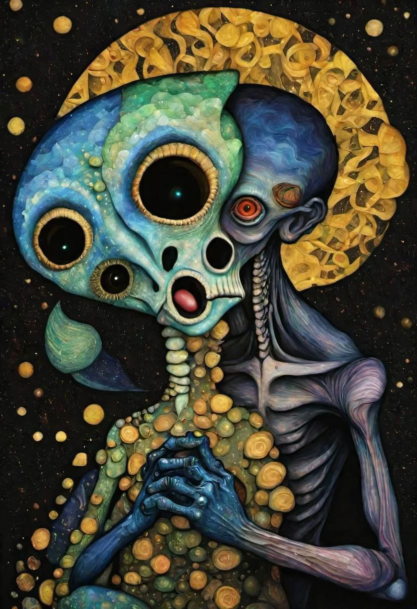 night alien kiss, van gogh, klimt, photorealistic, 8k, hq