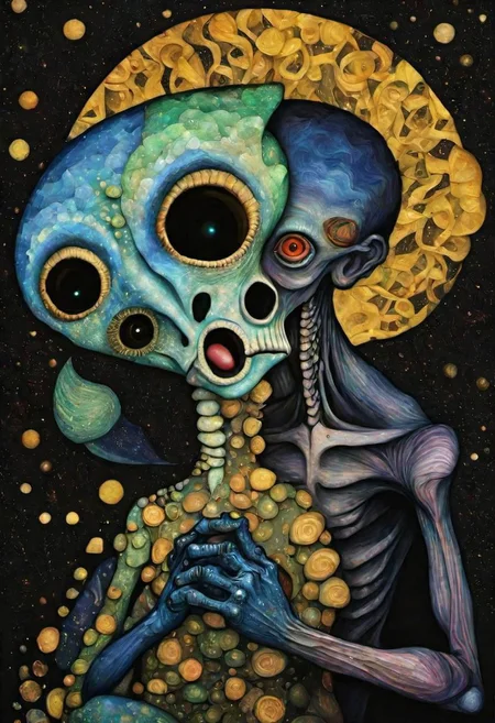 night alien kiss, van gogh, klimt, photorealistic, 8k, hq