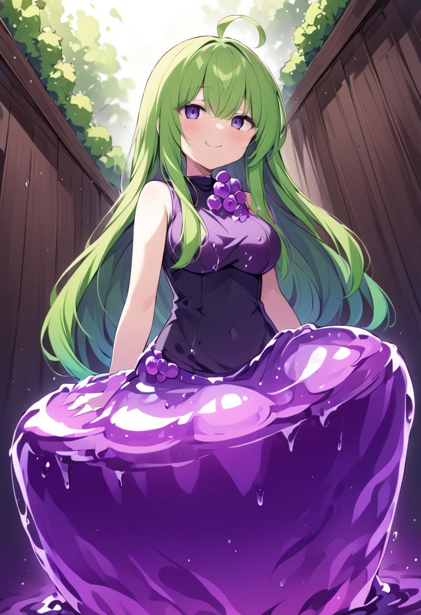 (masterpiece), (score_9, score_8_up, score_7_up,source_anime), 4K8K, best quality, high res image, illustration, Uncorrected, CG, 
(girl view from below. look-up angle:1.3), from side, 
1 woman sitting on a giant grape slime, pretty slime sex, (lot of grape cubes around woman), (hair over breasts, long hair, hair censor:1.4), twinkle grape cube, 
slime, slime like a grape, grape slime, see-through violet slime, 
BREAK
medium breasts, 
(gradient hair, green hair, very long hair, Bangs covered eyes, ahoge, hair over breasts, hair censor), 
(hair blind eyes, half opened eyes, jitome, smile), 
wearing tube top, cube, 
in orchard, fruit orchard, fruits trees,