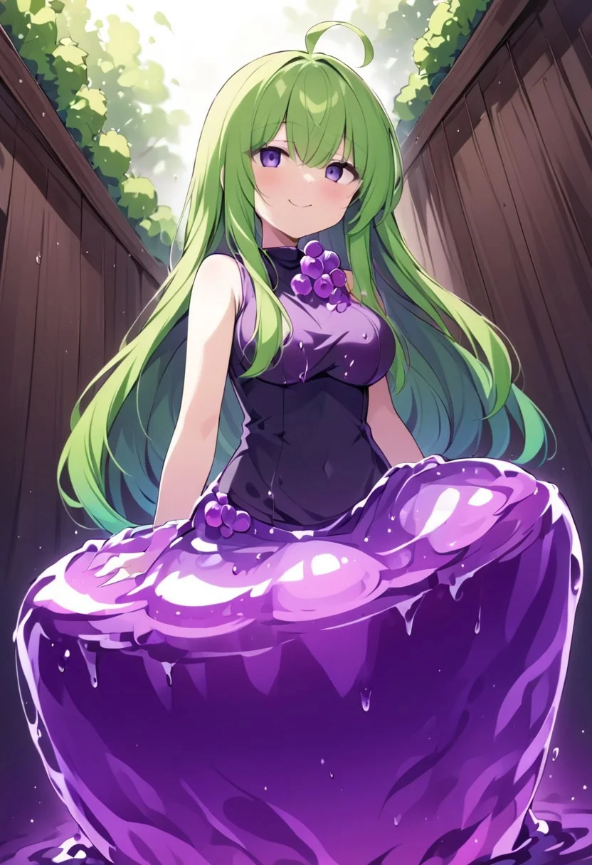 (masterpiece), (score_9, score_8_up, score_7_up,source_anime), 4K8K, best quality, high res image, illustration, Uncorrected, CG,
(girl view from below. look-up angle:1.3), from side,
1 woman sitting on a giant grape slime, pretty slime sex, (lot of grape cubes around woman), (hair over breasts, long hair, hair censor:1.4), twinkle grape cube,
slime, slime like a grape, grape slime, see-through violet slime,
BREAK
medium breasts,
(gradient hair, green hair, very long hair, Bangs covered eyes, ahoge, hair over breasts, hair censor),
(hair blind eyes, half opened eyes, jitome, smile),
wearing tube top, cube,
in orchard, fruit orchard, fruits trees,