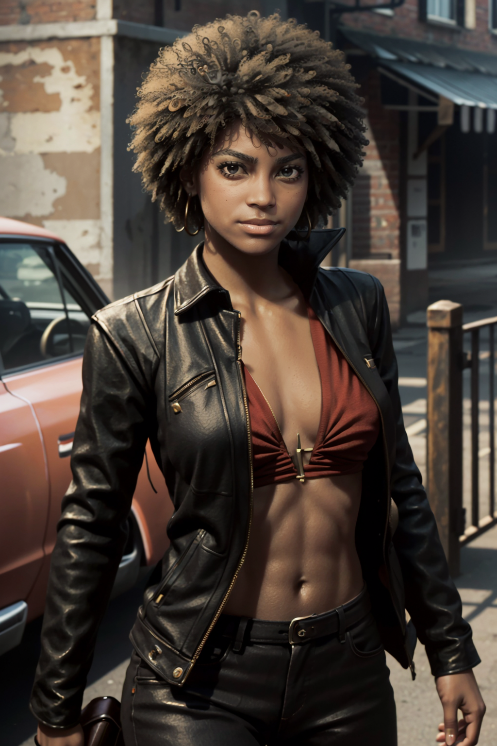 ((ultra detailed, masterpiece, best quality))
 <lora:Mafia3Roxy:0.8>
Mafia3Roxy, 1girl, solo, afro, brown eyes, very dark skin, As the cover model for a fashion magazine, fierce pose, wearing a bold and edgy outfit