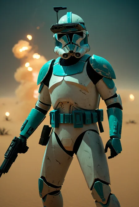 7-Phase2, 1boy, sneaking, dual wielding guns, military, explosions, detailed weapon, shoulder armour, pistols
night time, stars, nebulas, desert, bones, black sand, windy, dust storm, turquoise and black armour
[strong lighting, cinematic masterpiece, highly detailed armour,  realistic armour, legendary, hyperrealism]
  <lora:Clone Armour Phase 2 v1.0:0.9>