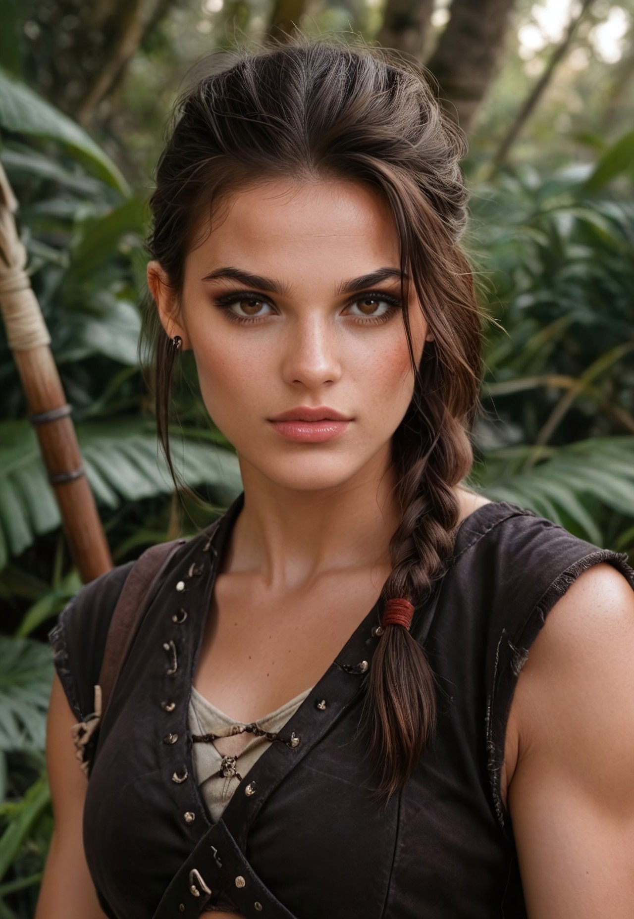 safe_pos, score_9, score_8_up, score_7_up, 1girl, solo, tribal huntress, traditional leather armor, ancient spear, braided dark hair, realistic, cinematic angle, cinematic lighting, muscular body, fierce face, piercing brown eyes, hunting pose BREAK stalking prey in a lush jungle BREAK source_tribal_art, rating_explicit, expressive, full body, dynamic pose BREAK detailed beautiful background, dense jungle landscape, exotic flora, wild animals, distant waterfalls, primal atmosphere <lora:Expressive_H:0.6>Expressiveh, (SimplepositiveXLv1:1.3), (((upper body, full clothed:1.85))) ((masterpiece)) (ultra realistic, 32k, masterpiece:1.2), (high detailed skin:1.1), (high quality:1.1) (((full clothed))) <lora:DandonFuga_Style_v.2_-_Pony:0.8> (8k uhd:1,4) <lora:add-detail-xl:1> <lora:Dynamic Poses:1>