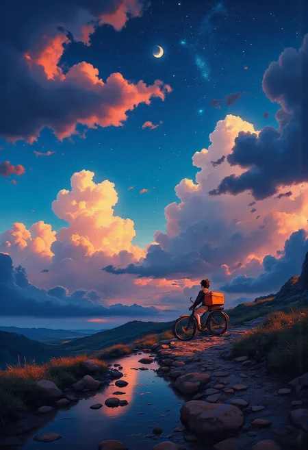 In the twilight of his journey, he finally understood. The sky, with its ethereal hues, aged like an ancient tapestry woven by celestial hands, yet it never shed a tear. Gazing upwards, the realization struck him like a bolt of lightning: this sky was but an illusion. A profound sorrow washed over him, as if the very fabric of the universe had forsaken him. It felt like his soul had drifted away, leaving him hollow, like a lost child wandering through an enchanted forest, unable to find the way home, or a nomad adrift in a boundless desert, yearning for a forgotten homeland.
But then, a whisper of magic stirred the air. The stars began to shimmer with an otherworldly glow, and the moon cast a silver spell over the land. If this sky was a mere facade, why mourn? Why let tears fall when they could not alter the illusion? Instead, he chose to embrace the fantasy. He danced beneath the false heavens, where constellations wove tales of ancient gods and mythical creatures. He found solace in the beauty of the dream, where dragons soared through the clouds and the winds carried the songs of sirens.
[art by Hayao Miyazaki, adventure, animation, characters, film, whimsy],
anime artwork, big-eyes, colorful, digital, fantasy, Japanese, manga-anime, aerial shot, aesthetic, dreamy, textural, artistic, key-visual, studio anime, 
beautiful, painterly, textural, artistic, intricate details, highly detailed, ultra-detailed, absurdres, vivid, vibrant, volumetric lighting, 
Anime art
