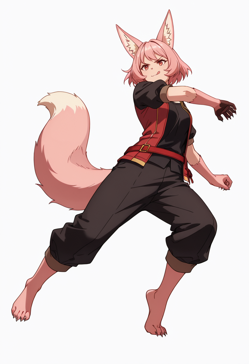 Smooth Quality,masterpiece,very intricate, high quality details, ultra realistic, high detailed skin,detailed enviorement,absurdres,
simple background, white background, dancing, solo,from below,
 <lora:Til_CNR:0.8> til_cnr, 1girl,pink hair, short hair, bangs, red eyes, animal ears, fox ears, animal ear fluff, fox tail, furry female, animal hands, claws, black shirt,open jacket,puffy short sleeves,black pants, belt,barefoot,, v-shaped eyebrows,, :q,