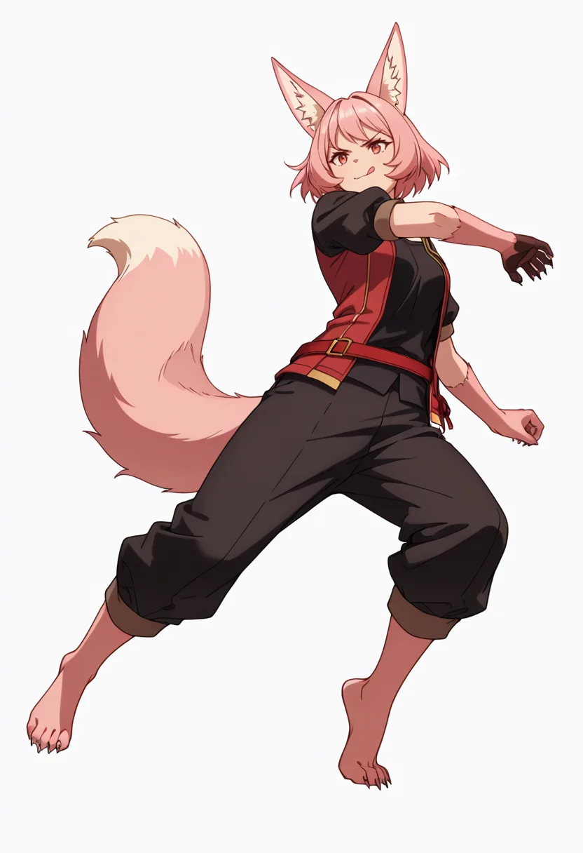 Smooth Quality,masterpiece,very intricate, high quality details, ultra realistic, high detailed skin,detailed enviorement,absurdres,
simple background, white background, dancing, solo,from below,
<lora:Til_CNR:0.8> til_cnr, 1girl,pink hair, short hair, bangs, red eyes, animal ears, fox ears, animal ear fluff, fox tail, furry female, animal hands, claws, black shirt,open jacket,puffy short sleeves,black pants, belt,barefoot,, v-shaped eyebrows,, :q,