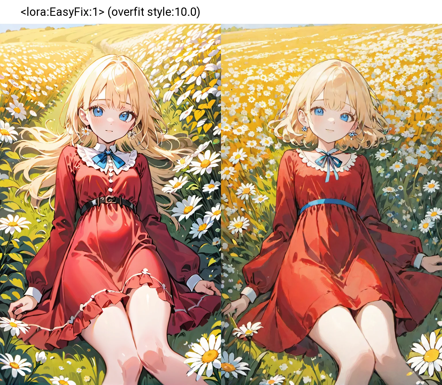 1girl lying, in a field of flowers, red dress, white flower, earrings, looking at viewer, blue eyes, red ribbon, necklace, long sleeves, blonde hair, short hair, daisy