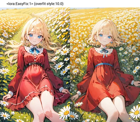 1girl lying, in a field of flowers, red dress, white flower, earrings, looking at viewer, blue eyes, red ribbon, necklace, long sleeves, blonde hair, short hair, daisy