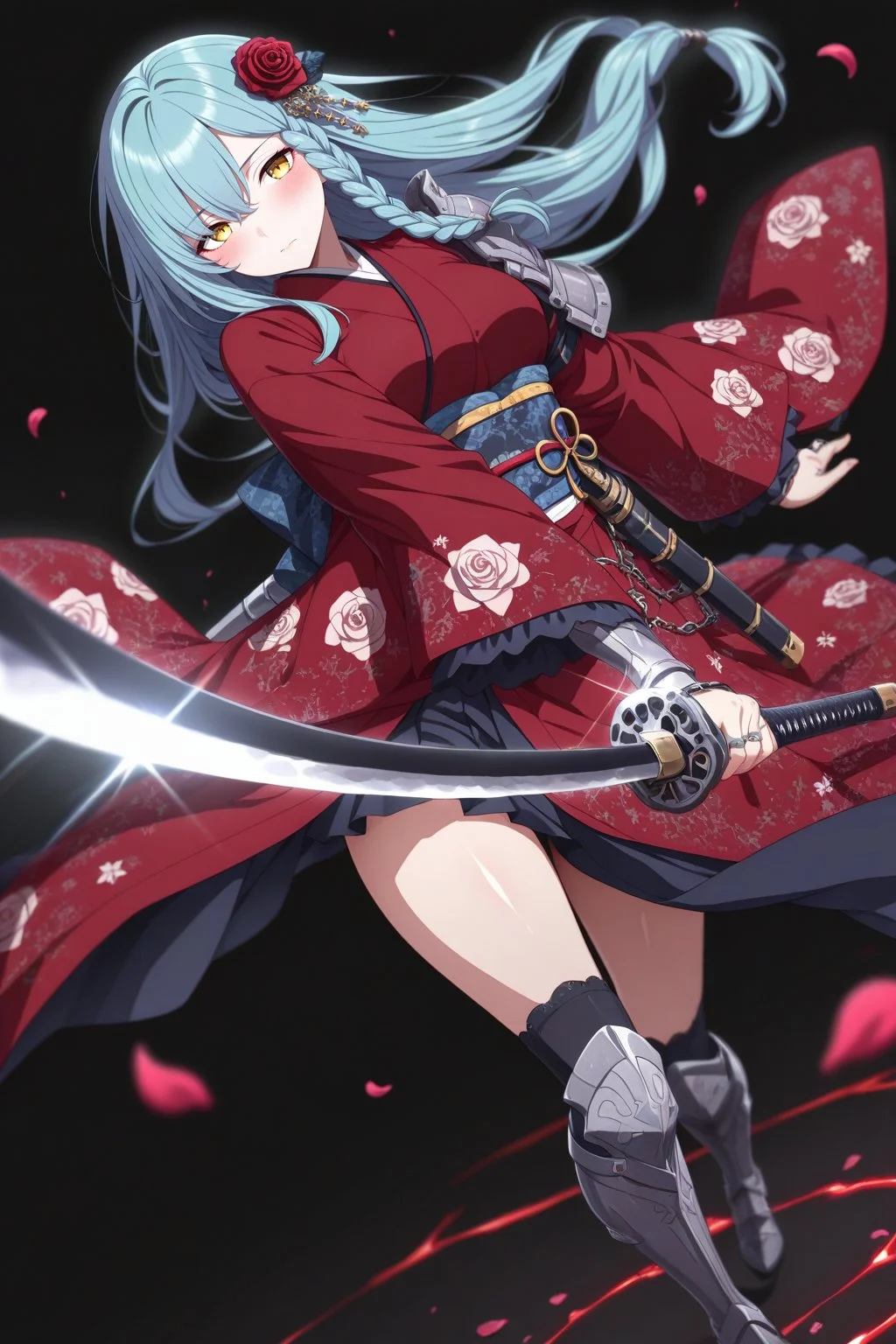 masterpiece, best quality, amazing quality, very aesthetic, absurdres, ultra detailed,
<lora:il_contrast_slider_d1 (ЦВЕТ КАРТИНКИ):-0.8>
<lora:Rose Marblehart:0.8> rose_marblehart, 1woman, solo,
<lora:Aura_illu:1> 4ur4_illu,
masterpiece, best quality,high quality, newest, highres,8K,HDR,absurdres, shiny,
hair ornament, weapon, hair flower, sword, holding, flower, japanese clothes, solo, kimono, looking at viewer, holding weapon, holding sword, floral print, katana, ring, bangs, jewelry, long hair, closed mouth, blush, glint, petals, long sleeves, red kimono, black background, wide sleeves, boots, obi,
dynamic pose, dynamic composition,dutch angle, depth of field,dark_theme,detailed backgroud,foreshortening