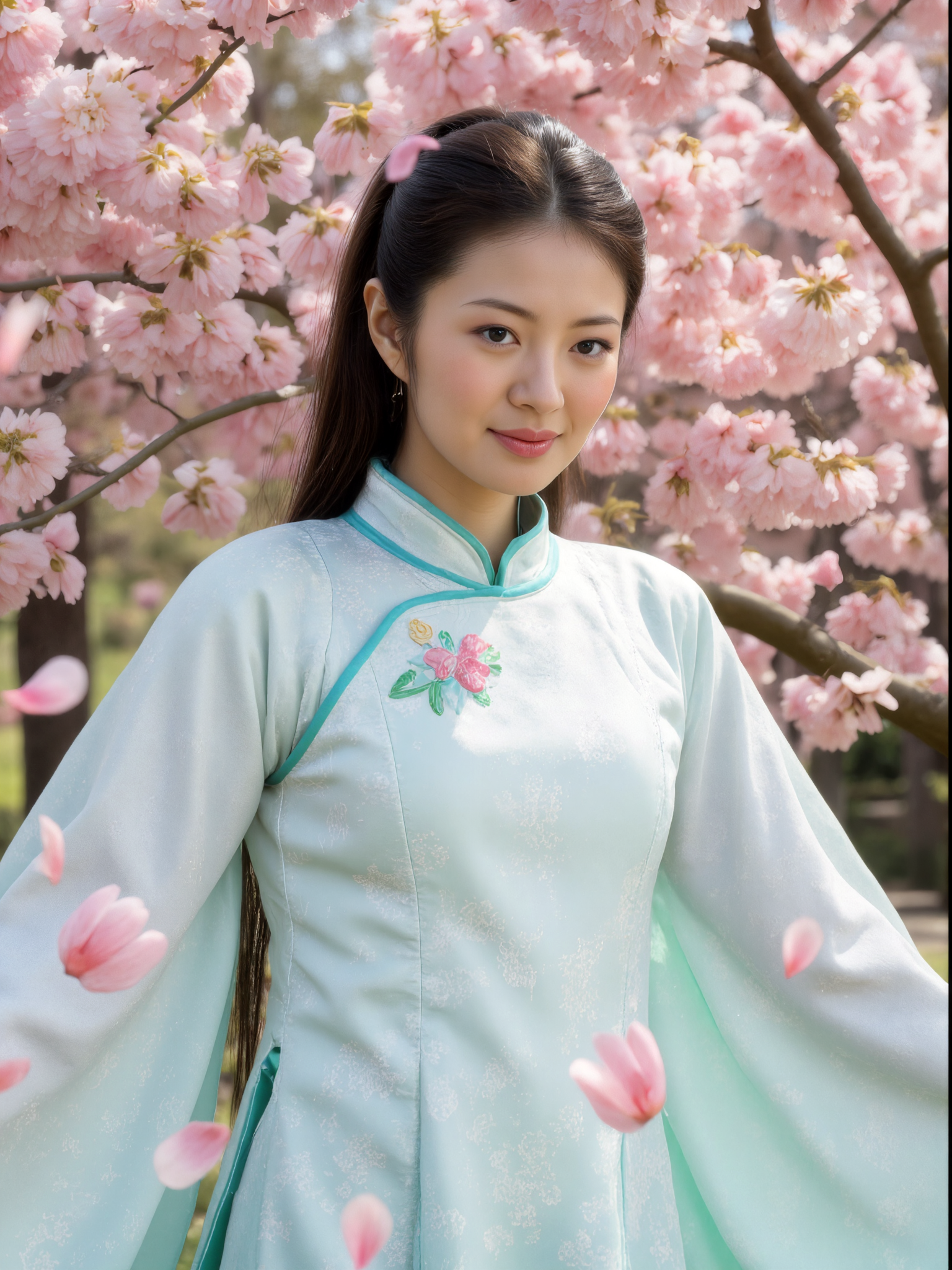 This high-resolution photograph features a young Asian woman with fair skin and long, straight dark brown hair parted in the middle, flowing gently behind her. Her face is delicate and symmetrical, with almond-shaped eyes, high cheekbones, and a soft smile.

She is wearing a traditional Chinese cheongsam with long, flowing sleeves. The dress is light blue with floral embroidery around the collar. The silk fabric is smooth and lightly reflective.

She stands in a blooming mountain peach forest, with both arms gently extended outward as if embracing the breeze. Her sleeves move slightly with the wind. Pink petals float in the air around her, and sunlight filters through the blossoms. The composition follows the rule of thirds, and the image feels serene, graceful, and poetic.

