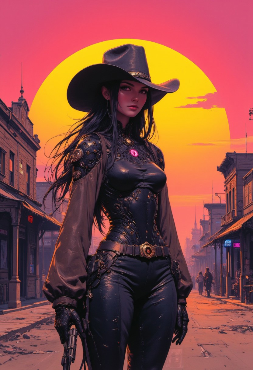 cyberpunk anime style, a stunning japanese female wild west gunslinger, long flowing hair, cowboy hat, holding a revolver, wild west town at sunset outside saloon and sheriff's office, high quality, highly detailed, directional lighting, moody and atmospheric