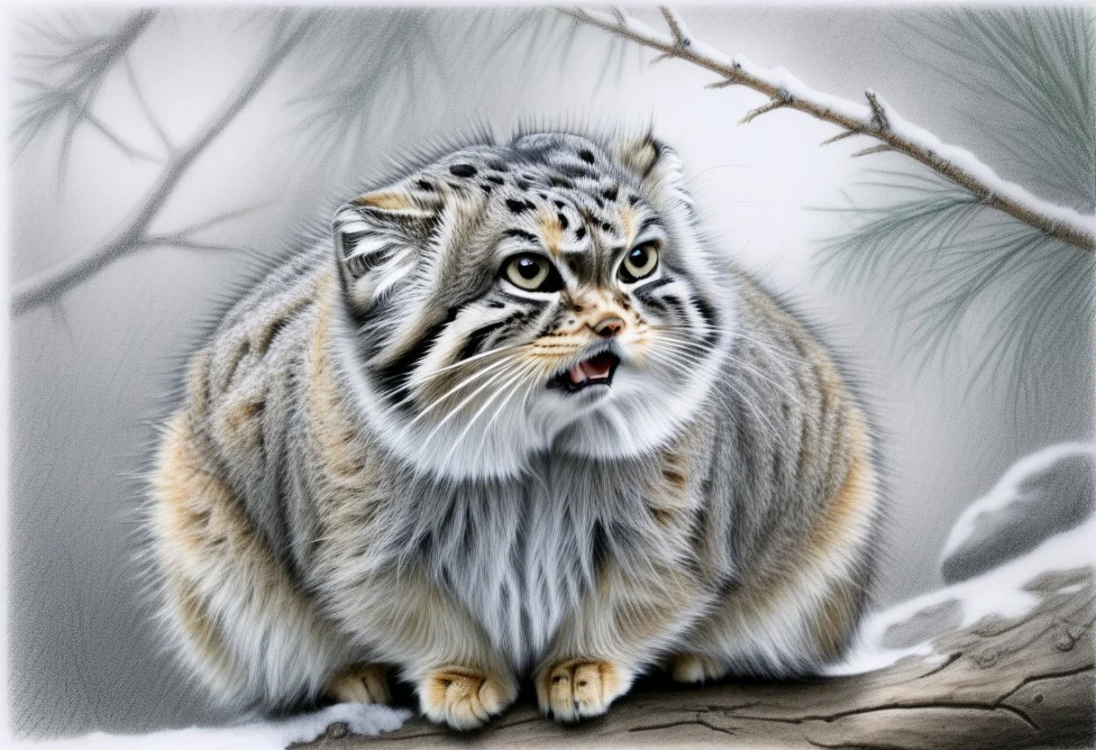 a closeup head shot of an annoyed manul on a branch, Otocolobus manul, looking at viewer, angry, mouth open, background of pines and fir, dead bush, few snowy rocks, snow, light snowfall, tree trunks, Jed-Pen
