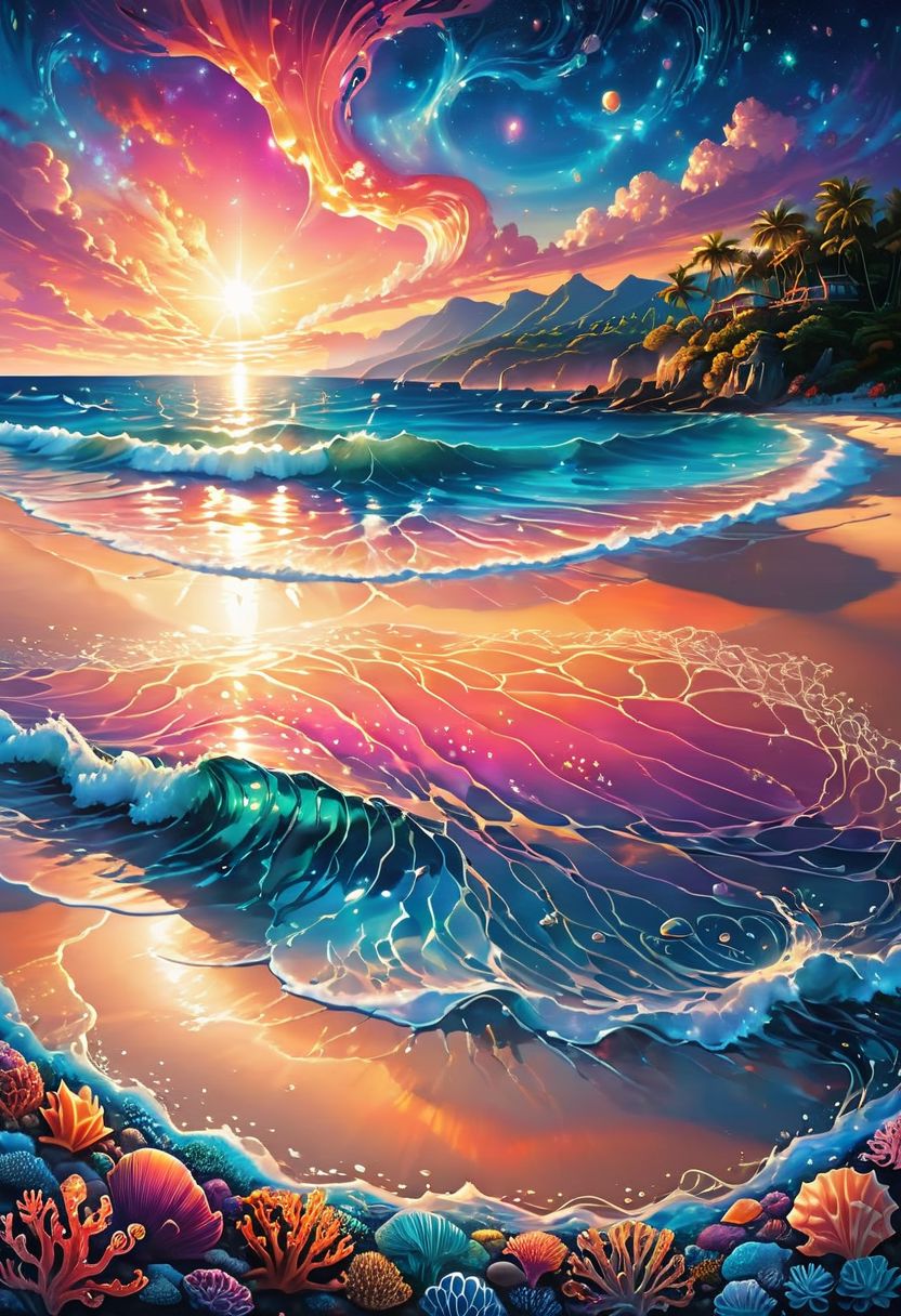Illustrate a serene beach at sunset, where the sky is a breathtaking canvas of vivid, fiery hues that blend seamlessly from deep oranges to soft pinks, casting a warm, ethereal glow over the landscape. The tranquil waters gently lap at the shore, reflecting the magnificent colors above. Glowing sea creatures, their bioluminescent bodies shimmering with an otherworldly radiance, gracefully glide through the crystal-clear waters near the shore, adding a touch of magic to the scene. The sand, illuminated by the soft glow of the sea creatures, sparkles like a field of tiny diamonds, creating a mesmerizing play of light and shadow. Every detail, from the intricate patterns in the sand to the delicate movements of the sea creatures, is captured in stunning hyper-realistic detail, bringing the seaside magic to life in mesmerizing 8k resolution.