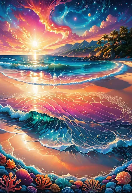 Illustrate a serene beach at sunset, where the sky is a breathtaking canvas of vivid, fiery hues that blend seamlessly from deep oranges to soft pinks, casting a warm, ethereal glow over the landscape. The tranquil waters gently lap at the shore, reflecting the magnificent colors above. Glowing sea creatures, their bioluminescent bodies shimmering with an otherworldly radiance, gracefully glide through the crystal-clear waters near the shore, adding a touch of magic to the scene. The sand, illuminated by the soft glow of the sea creatures, sparkles like a field of tiny diamonds, creating a mesmerizing play of light and shadow. Every detail, from the intricate patterns in the sand to the delicate movements of the sea creatures, is captured in stunning hyper-realistic detail, bringing the seaside magic to life in mesmerizing 8k resolution.