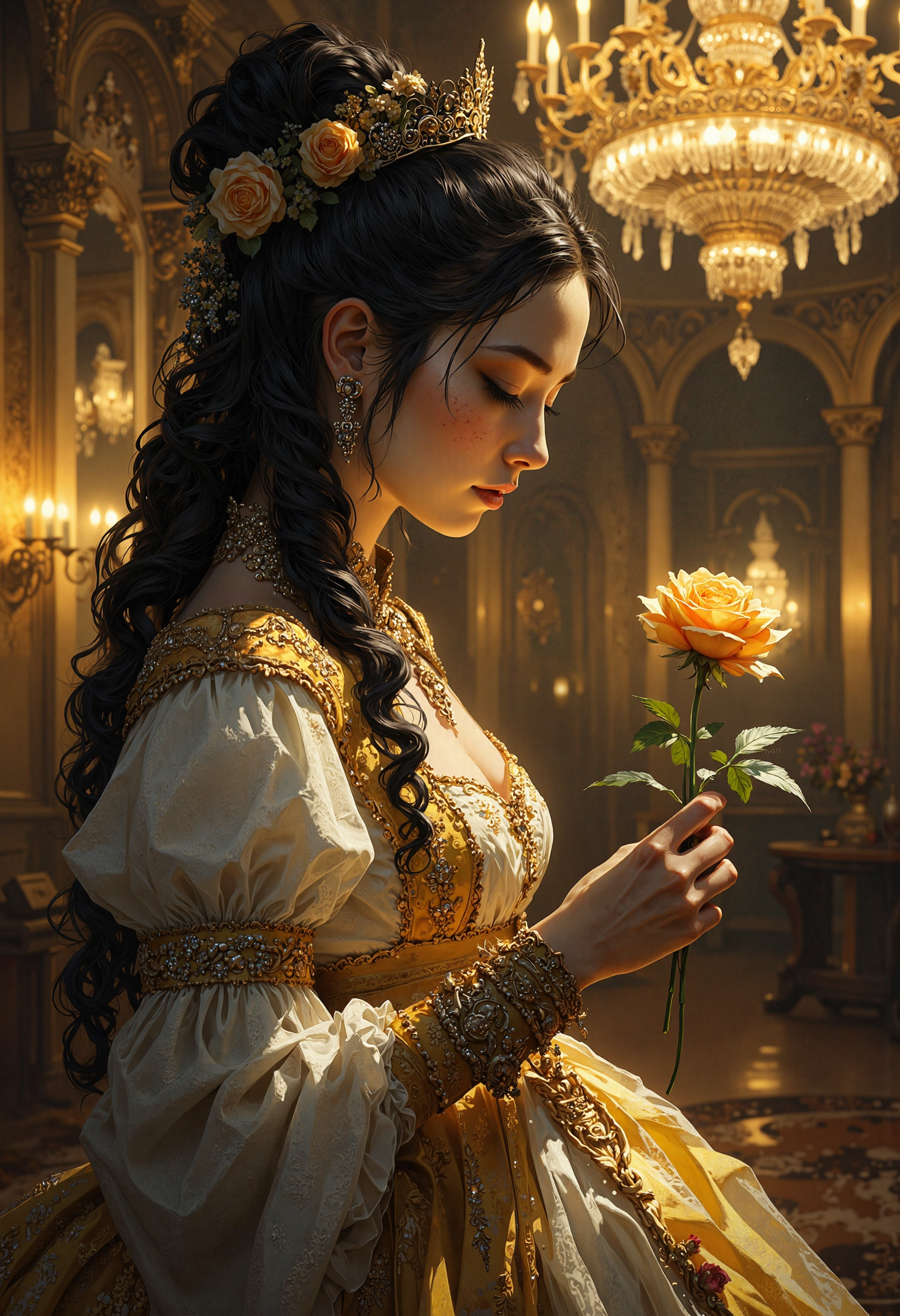 masterpiece, high-quality, hyperdetailed, refined details, best quality, high resolution, A pale noblewoman in a lavish ballroom stands transfixed by a single golden rose cradled in her hand, petals wilting in real time. The opulent mirrors and chandeliers shimmer with ghostly reflections of past grandeur. Her eyes reveal profound regret, each tear dropping onto the marble floor, releasing a faint golden glow that illuminates the cracks of the once-majestic hall, <lora:FLUX\Anime v1.3:0.5> <lora:FLUX\Emberveil digital painting:0.8>