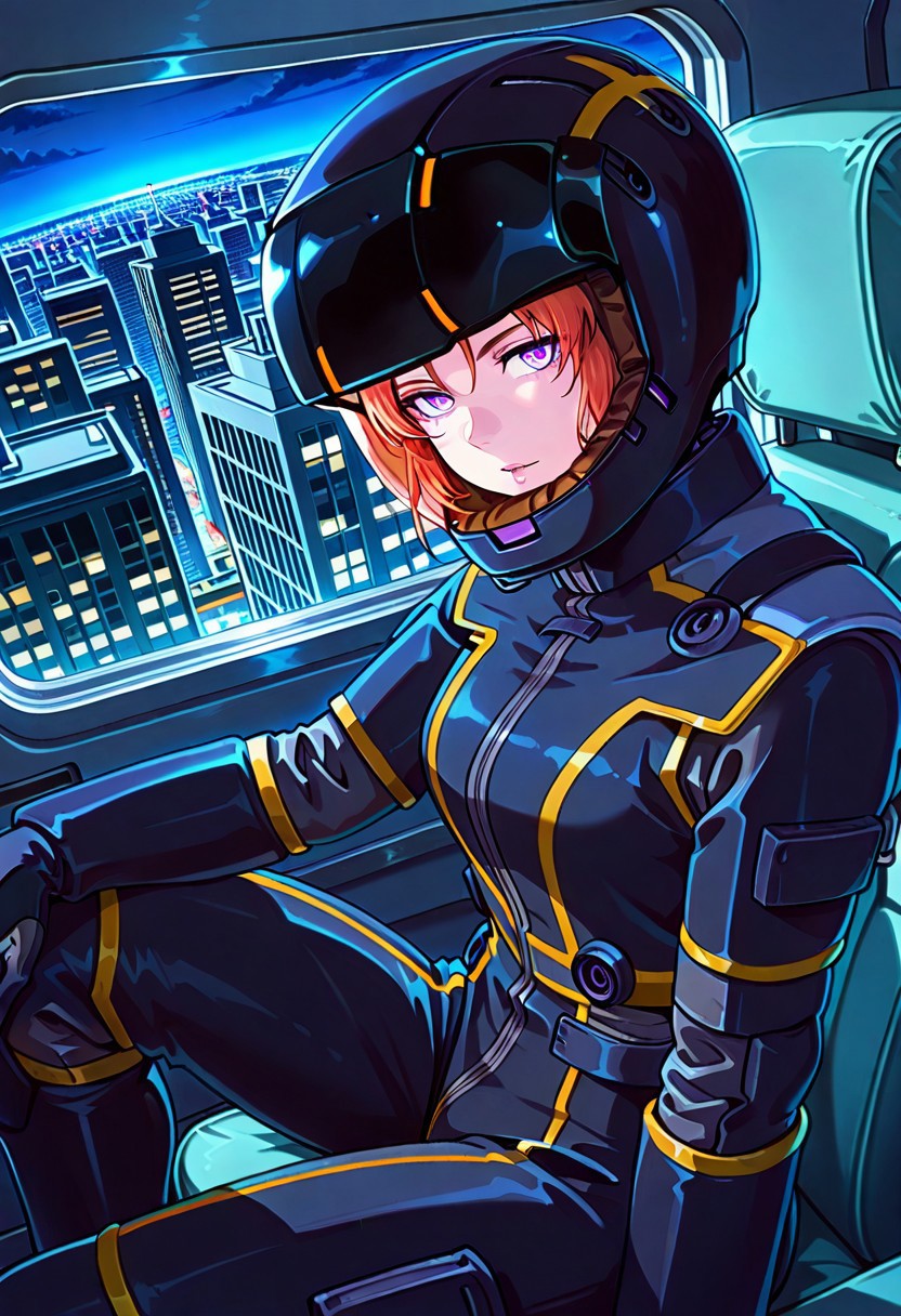 masterpiece, best quality, pletwelve, female, pilot helmet, color lens, pilotsuit,sitting,city view, at night