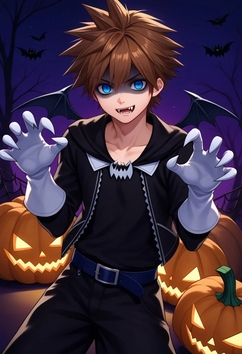 score_9, score_7_up, source_anime
sora, 1boy, male focus, solo, blue eyes, brown hair, spiked hair, halloween costume, fangs, wings, bat wings, black wings, shirt, black shirt, jacket, black jacket, open jacket, open clothes, long sleeves, gloves, white gloves, belt, black belt, pants, black pants, baggy pants, shaded face, pale,
jack-o'-lantern, pumpkin,