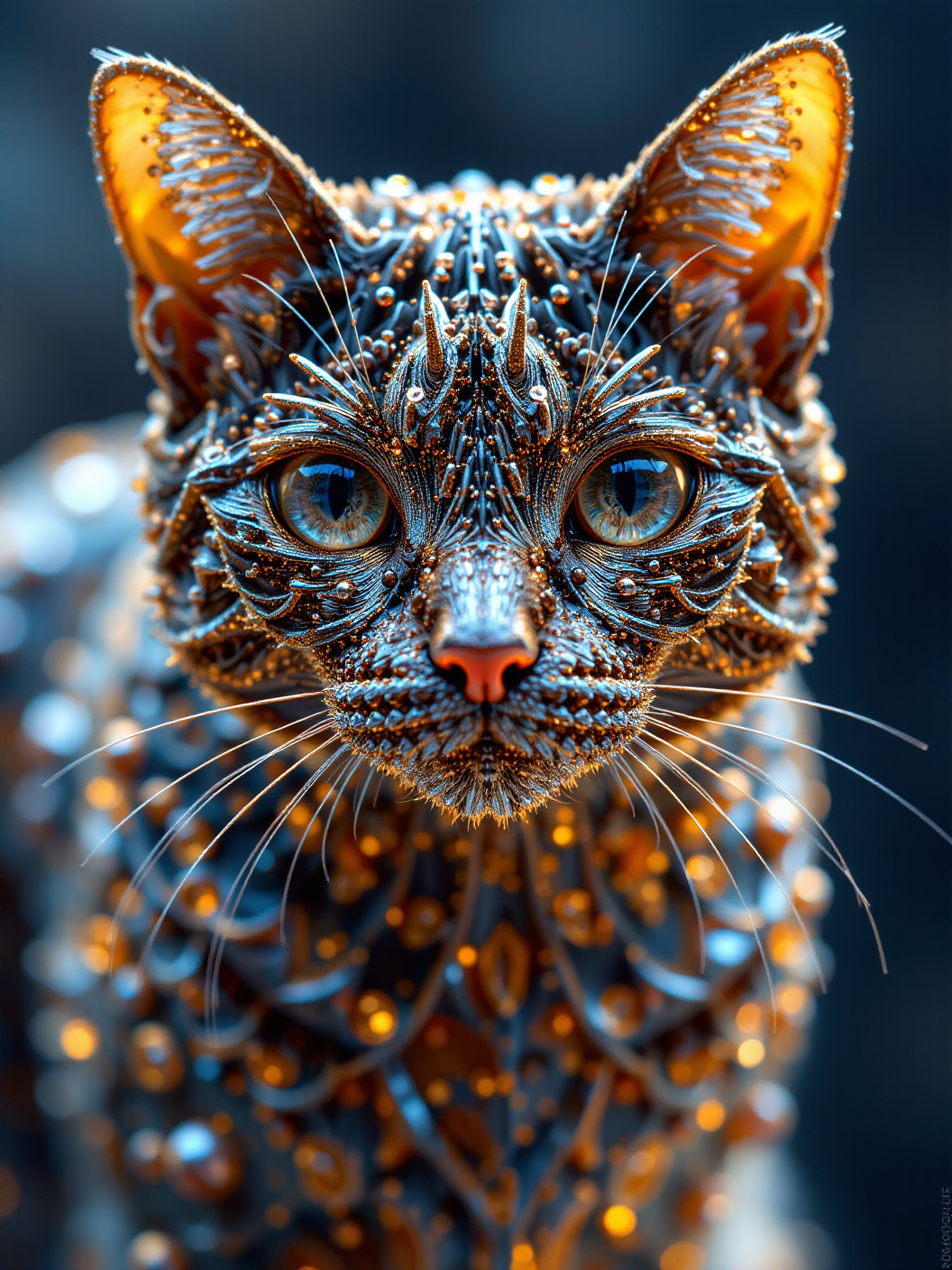 ultra realistic photo, a cat made of tiny glimmering crystals, microscopic structure, geometric patterns, closeup shot