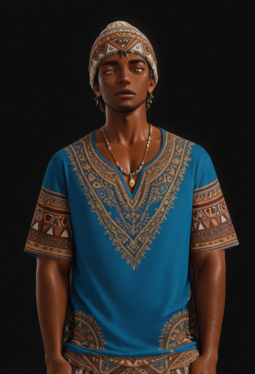[正面+キャラ名:99],
1boy,solo,
[品質タグ:99],
masterpiece,perfect quality,best quality,amazing quality,absolutely eye-catching,
[身体特徴:99],
muscle,(darkskin:0.6),
short hair,
handsome,
[服装:99],
beanie,
necklace,
ethn1c_5h1rt,
blue shirt,
Short-sleeved shirt,
ethnic design, black background, intricate patterns, gold/tan accents,  (detailed paisley and tribal patterns:1.3), vertical stripes, v-neck, 
geometric motifs,  tribal art style,  boho fashion,
[﷿ーズと解剖学的詳細:99],
[環境・背景:99],
dynamic lighting,cinematic lighting, professional lighting, 
[追加の品質/スタイルタグ:99],