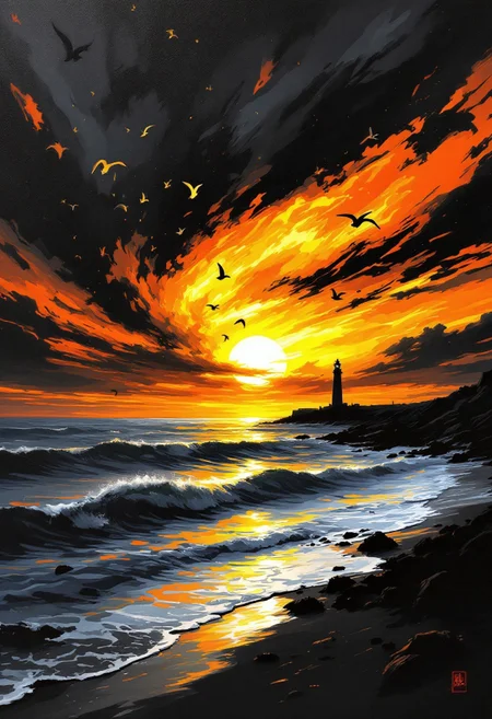 A captivating seascape painting featuring an awe-inspiring sunset. The sky is painted in a fiery blend of orange, yellow, and black hues, with streaks of light radiating from the setting sun. The sea below mirrors the vibrant colors, creating a stunning contrast as gentle waves crash onto the shore. Soaring above are silhouettes of birds, possibly seagulls, their dark forms contrasting against the vivid backdrop. In the distance, a lighthouse stands tall, providing a beacon of hope and guidance amidst the breathtaking landscape., cinematic, painting
