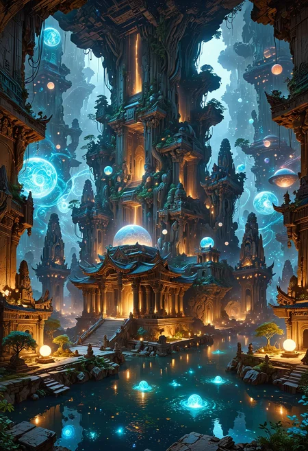 Perched on a colossal, ancient space temple drifting through the cosmos, this settlement is a sanctuary of tranquility and spirituality. The templeâs architecture is a blend of futuristic design and ancient motifs, with towering spires and intricate carvings that glow softly in the starlight. The settlement is built around the temple, with homes and communal spaces designed to blend seamlessly into the ancient structure. Gardens and meditation spaces are scattered throughout, illuminated by floating orbs of light that move gracefully through the air. Inhabitants practice advanced forms of meditation and energy manipulation, seeking harmony with the cosmic forces that surround their serene refuge.
<lora:DonM3t3rn1tyXL-v1.1:0.7>, DonM3t3rn1tyXL,
OverallDetailXL  <lora:MJ52:0.3>  <lora:SDXLFaeTastic2400:0.4>  <lora:EpicF4nta5yXL:0.7>