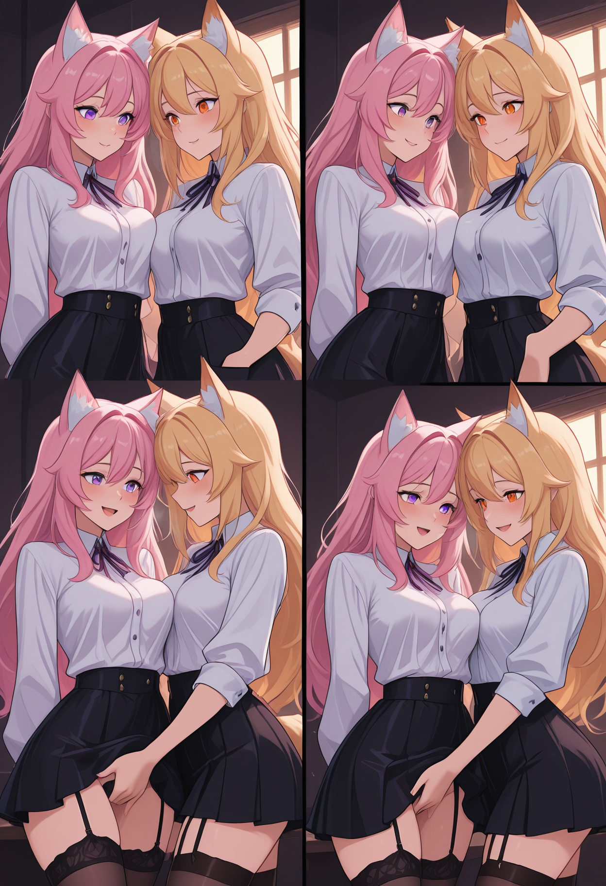 2girls, 1 girl with cat ears with purple eyes and pink hair, 1 girl with fox ears and blonde hair and amber eyes, lesbian, fingering, erotic, (masterpiece, best quality:1.3),  stockings with garter belt, cat_ears, yandere, happy, embaressed, medium breasts, loving_gaze, looking_at_viewer, white shirt with buttons, black skirt, adult, multiple_views,  <lora:CatgirlPanel_Illustrious_v2-000008:0.8>, multiple views, comic,  <lora:CatgirlStyle-000014:0.8>, CatGirlStyle