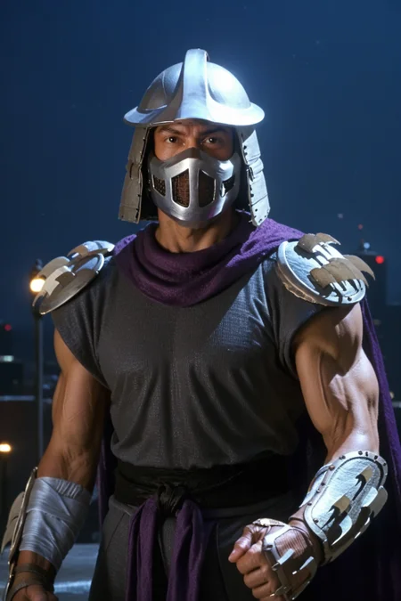 score_9, score_8_up, score_7_up, ((source_IRL, source_movie)), masterpiece, high quality, ((upper body shot, front view)), TMNT1987 style,
a TMNT1987_Shredder 1man armored samurai knight with claw gauntlets, wearing a dark outfit and purple cape with pauldrons and metal samurai helmet with mask, (skinny, muscular, fitness physique), <lora:TMNTShredder_Pony_v3:1>
(standing, fight stance, martial arts pose)
((on a city rooftop, at night)), dark sky, city lights, skyscrapers in background
dynamic lighting, shadows, cinematic