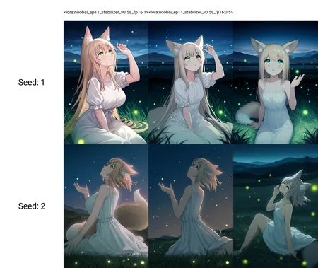 <lora:noobai_ep11_stabilizer_v0.58_fp16:1>1girl,fox ears,fox girl,green eyes,white dress,looking up,hand up,fireflies,sitting,field,mountainous horizon,night,masterpiece,