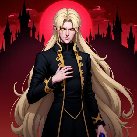 Create a highly detailed illustration of Alucard from Castlevania, a tall, pale, and noble-looking dhampir with long, flowing platinum blonde hair. He has sharp, angular features and piercing golden eyes that reflect his intense inner conflict. He is wearing a regal black coat with gold trimmings, standing in a dark gothic setting with a red, ominous sky and Dracula’s castle looming in the background. His right hand, covered in a black glove, rests against his chest, symbolizing his struggle between his vampiric heritage and his mission to protect humanity. The atmosphere should be tense and dramatic, with the character radiating both power and sorrow.
((C4STL3V4NI4))