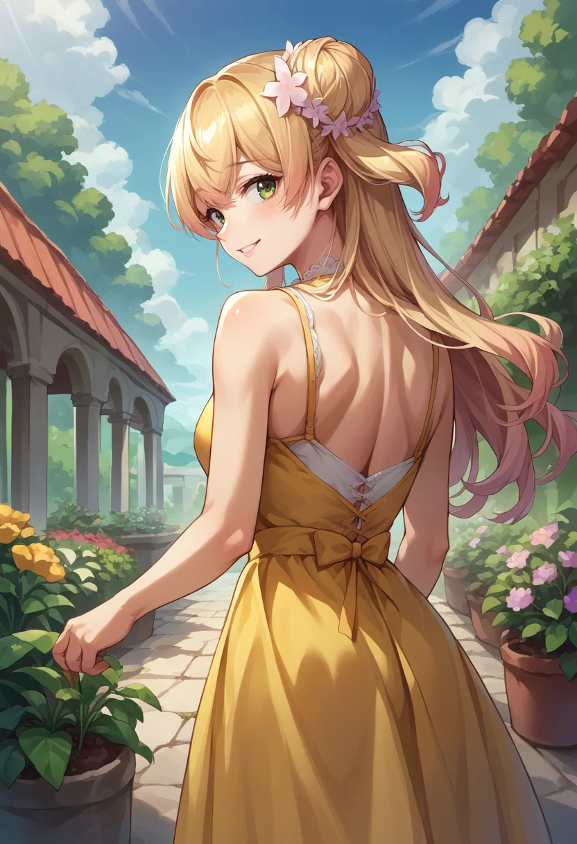 score_9, score_8_up, score_7_up, source_anime, 1girl, solo, MomosuzuNene, long hair, double bun, hair flower, from behind, yellow sundress, garden, day, sunshine, smile, looking back, <lora:ChamMomosuzuNenePonyXL:1>